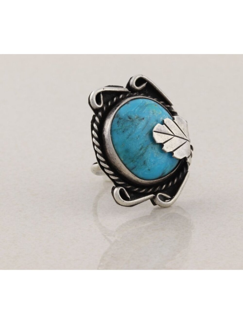 Sterling Silver Natural Round Turquoise Leaf Design Ring Size 7 - Picture 5 of 6